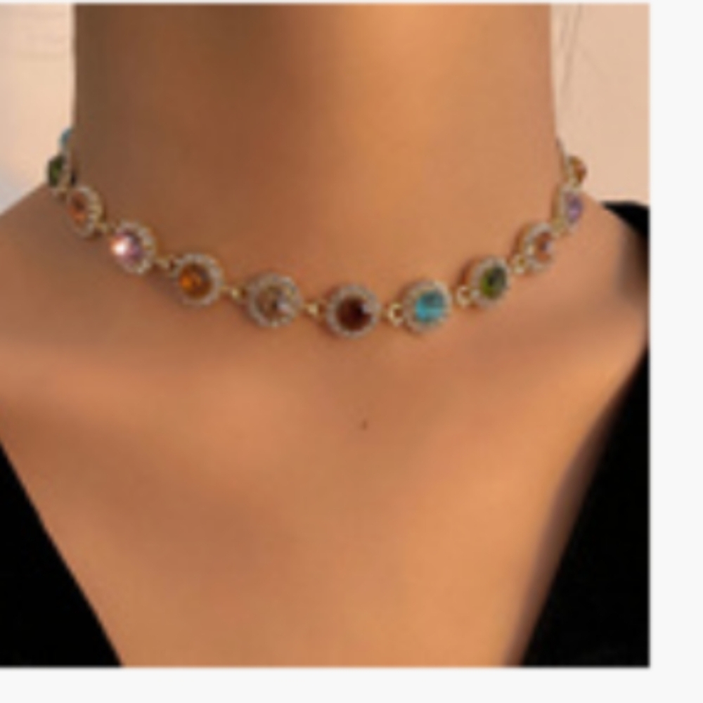 Floral Colored Gem Rhinestone Choker Necklace